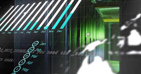 Data processing image over server racks in dimly lit data center. Technology, networking, computing,...