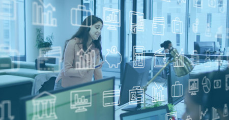 Business data and analytics image over woman enjoying music in office. technology, workplace,...
