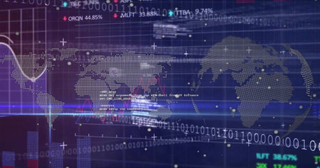 Image of binary coding and financial data processing over world map. Global finance, business,...