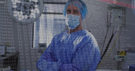 Image of data processing over caucasian male surgeon with face mask. Technology, medicine and digital interface concept digitally generated image.の写真素材