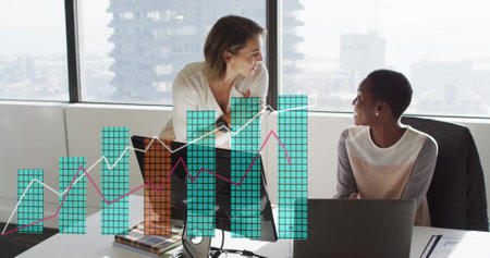 Image of financial data processing over diverse business people in office. Global finance, business, connections, computing and data processing concept digitally generated image.の写真素材