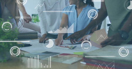 Image of financial data processing over diverse business people in office. Global finance, business,...