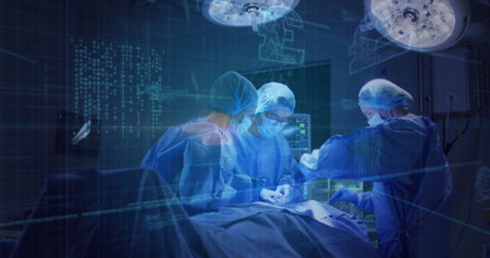 Image of data processing over diverse surgeons during operation. Technology, medicine and digital interface concept digitally generated image.の写真素材