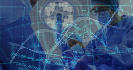 Image of data processing and dna strand over diverse surgeons during operation. Technology, medicine...