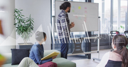 Image of data processing over diverse business people in office. Global finance, business,...
