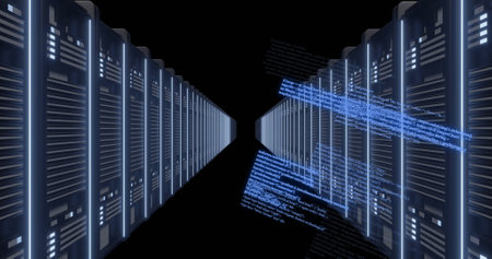 Image of digital data processing over black background. Global connections, computing and data...