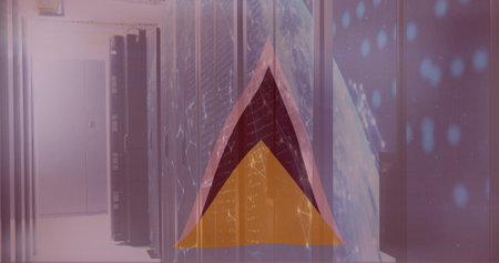 Abstract geometric shapes image over data servers in technology environment. digital, futuristic,...