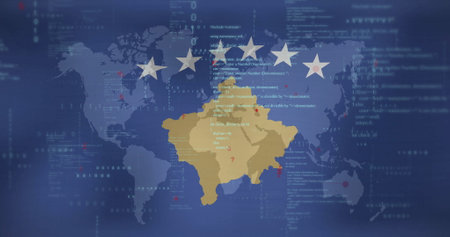Flag of Kosovo with data processing image over world undefined background. geography, technology, information, digital, analysis, visualizationの写真素材