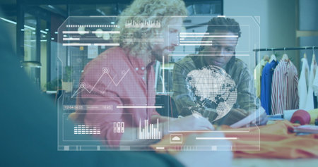 Image of charts processing data over diverse male fashion designers talking at studio. Digital interface, network, connection, business, design and global communication, digitally generated image.の写真素材