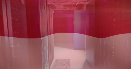 Red and white wave image over server room with glowing lights. Technology, data, network, digital,...
