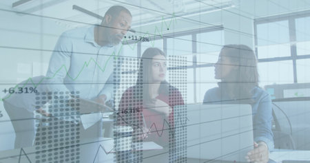 Image of financial data processing over diverse business people in office. Global finance, business,...