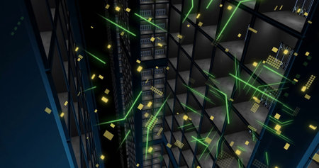 Image of circuit board and digital data processing over computer servers. Global connections,...