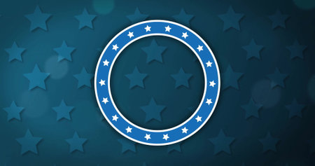 Image of white stars of american flag in blue ring over stars on blue background. July 4th, american, patriotism, celebration and tradition, digitally generated image.の写真素材