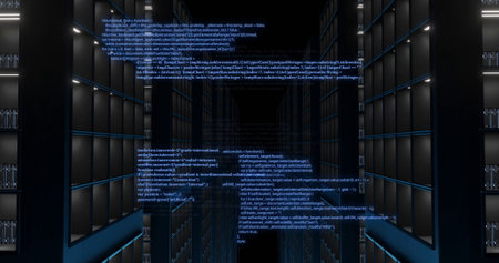 Image of digital data processing over black background. Global connections, computing and data processing concept digitally generated image.の写真素材