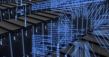 Image of circuit board and digital data processing over computer servers. Global connections,...