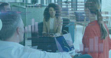 Image of financial data processing over diverse business people in office. Global finance, business,...
