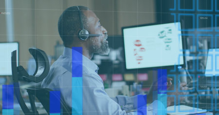 Image of financial data processing over african american businessman using phone headset. global...