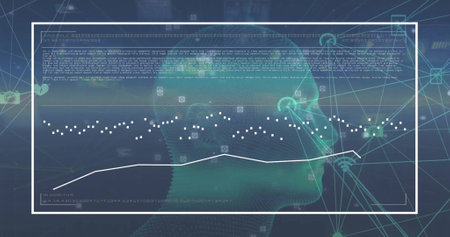 Image of data processing over human head on dark background. Global science, connections, computing...