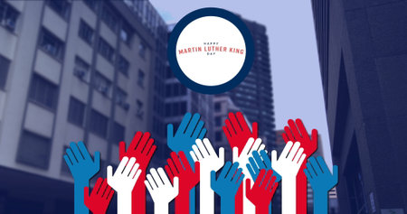Composite image of martin luther king day text banner with hands icon against tall buildings. martin...