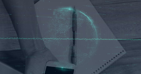 Image of financial data processing and globe over hand holding smartphone. global business, finances...