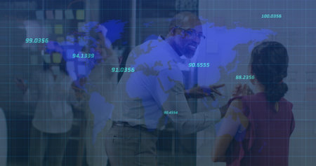 Image of financial data processing over diverse business people talking and smiling. global...