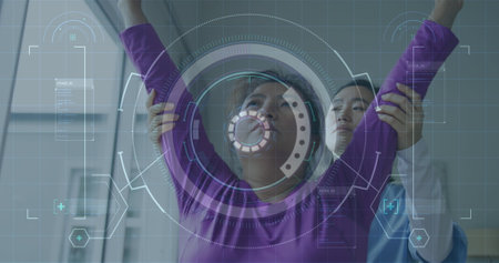 Image of scope scanning and data processing over asian woman exercising with nurse. global...