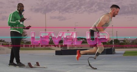Image of level up text with biracial athlete with prosthetic leg running. retro communication,...