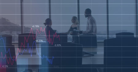 Image of financial data processing over diverse business people talking. global business, finances...