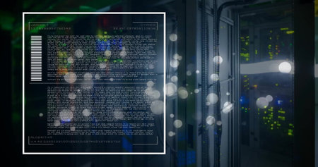 Image of data processing and light spots over server room on black background. Technology,...