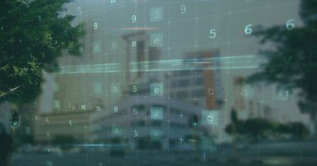 Image of data processing over cityscape. global digital security and identity, digital interface and data processing concept digitally generated image.の写真素材