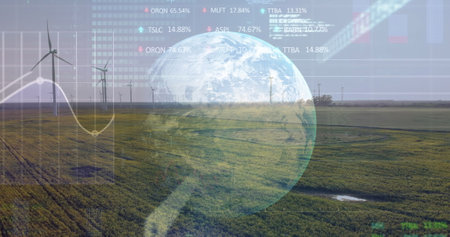 Image of globe and data processing over landscape. Global connections, data processing and digital...