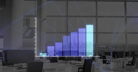 Image of statistics and data processing over office. Global connections, computing and data...