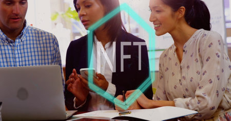 Image of nft text and connections over diverse business people in office. Global business, finances, computing and data processing concept digitally generated image.の写真素材