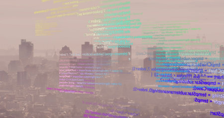 Image of computer language and grid pattern over aerial view of modern city against sky. Digital composite, multiple exposure, coding, programming language, building, architecture, technology.の写真素材