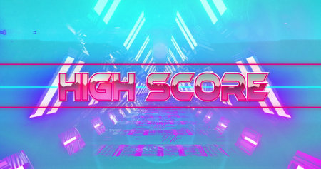 Image of high score text banner against neon tunnel in seamless pattern. image game interface technology conceptの写真素材