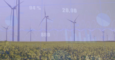 Image of financial data processing over wind turbines. Global environment, finance, business,...