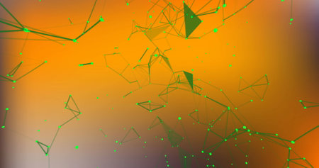 Image of green illuminated dots connecting with lines and moving on yellow background. Digitally...