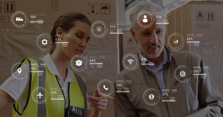 Image of data processing over diverse male supervisor and female worker discussing at warehouse....