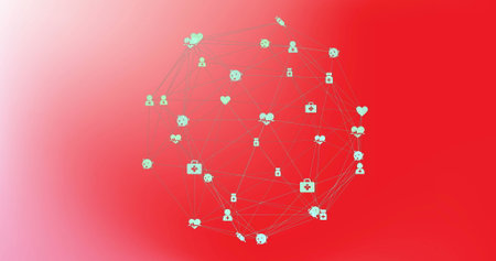 Image of medical icons connecting with lines and forming globe on red background. Digitally generated, healthcare, fitness, heart pulse, syringe, science, prescription and global connection.の写真素材