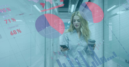 Image of data processing over happy caucasian woman drinking cofee using smartphone at office....