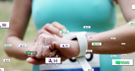 Image of notification bars over midsection of female marathon runner checking smartwatch. Digital...