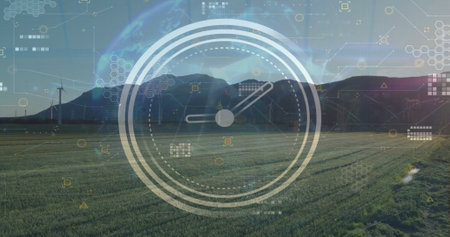 Image of financial data processing over clock and countryside. Global environment, finance, business, connections, computing and data processing concept digitally generated image.の写真素材