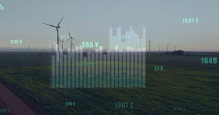 Image of financial data processing over wind turbines. Global environment, finance, business,...