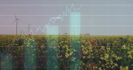 Image of diagrams and data processing over field with wind turbines. Global business, nature and digital interface concept, digitally generated image.の写真素材