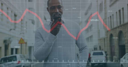 Image of data processing over african american man using smartphone. Global business, computing,...