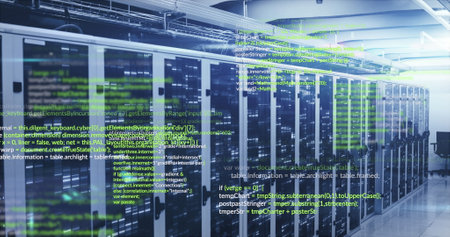 Image of data processing and mosaic squares against computer server room. Computer interface and...