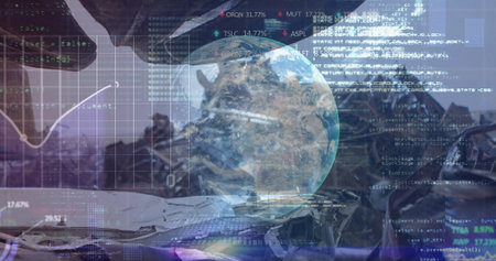 Image of financial data processing over junkyard. Global science, connections, data processing and...