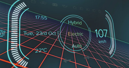 Image of loading speedometer with texts and numbers over grid pattern against black background....