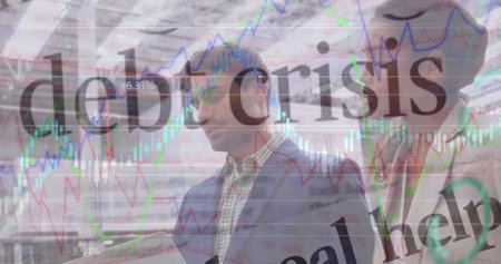 Image of financial data processing over delivery man and van. Digitally generated image.