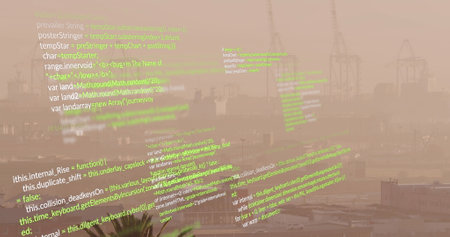 Image of looping computer language over fog covered modern city against sky. Digital composite,...